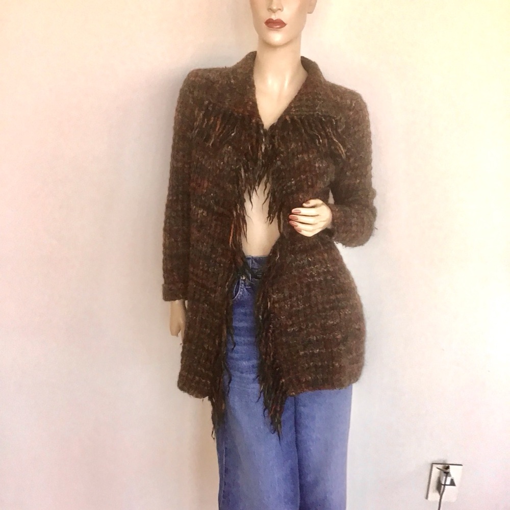 Peruvian Connection Marled Fringe Aztec Alpaca Wool Cardigan Sweater S